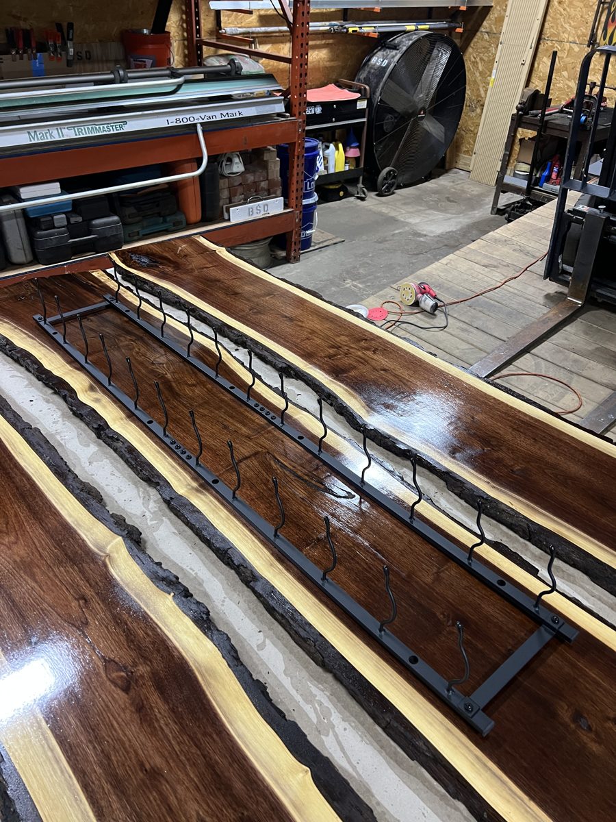 Bottle hardware laid out on two slabs